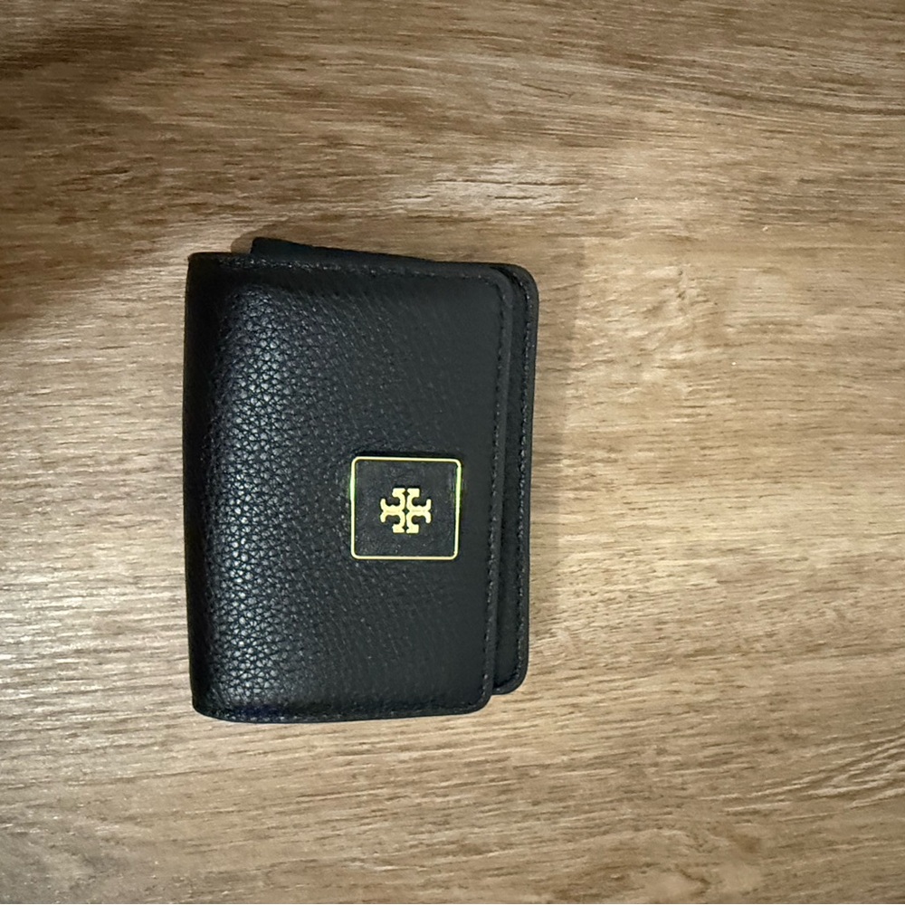 Tory Burch Black Leather Card Holder with Gold Logo